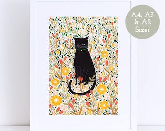 Cat Meadow Giclee Print, A4 A3 A2 Sizes, Cat Lover Gift, Cat Gift, Black Cat Illustration, Good Luck Gift, Folk Style, Cat Art, Cute Cat
