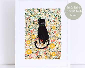 Cat Meadow Giclee Print, 8x10 11x14 16x20 Inch Sizes, Cat Lover Gift, Black Cat Illustration, Good Luck Gift, Folk Style, Cat Art, Cute Cat