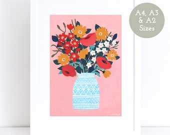 Floral On Peach Giclee Print, A4 A3 A2 Sizes, Floral Art Print, Floral Art, Botanical Art, Floral Illustration, Gift For Her, Mother's Day