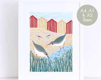 Beach Birds Art Print, A4 A3 A2 Sizes, Bird Art, Bird Illustration, Bird Wall Art, Beach Scene, Sandpiper, Beach Huts , Nautical Seaside Art