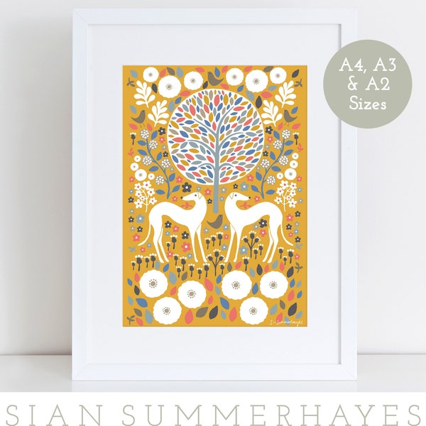 Scandi Mustard Greyhound Giclee Print, Size A4 A3 A2, Art Print, Scandinavian Art, Dog Lover Gift, Pet Gift, Greyhound Whippet Lurcher Art