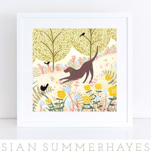 Chocolate Labrador Print, Giclee Print, Summer Woodland Scene, Dog Art, Dog Lover, Labrador Illustration, Retriever Gift, Brown Lab, Pet Art