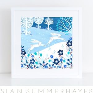 Snowy Night Hares Art Print, Giclee Print, Christmas Art, Christmas Gift, Woodland Art, Hares Print, Friendship Gift, Winter Illustration