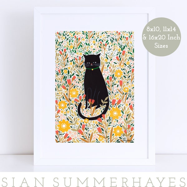 Cat Meadow Giclée Print, 8x10 11x14 16x20 pouces tailles, Cat Lover Gift, Black Cat Illustration, Good Luck Gift, Folk Style, Cat Art, Cute Cat