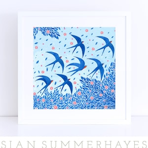 Schwalben Kunstdruck, Giclee Druck, Blaue Vögel Druck, Schwalben Illustration, Vogel Illustration, Vogel Illustration, Vogel Schwalben Druck, Gouache Druck