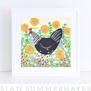 Black Hen Among Yellow Flowers Art Print, Chicken Print, Bird Art, Chicken Wall Art, Kitchen Art, Chicken Illustration, Wall Art, Home Decor