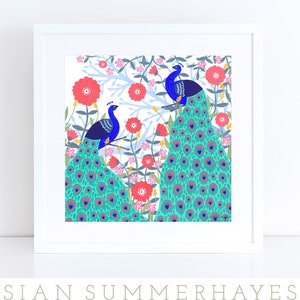 Peacocks Art Print, Giclee Print, Peacock Illustration, Bird Wall Art, Peacock Decor, Folk Art, Gift For Her, Beautiful Bird, Peacock Art