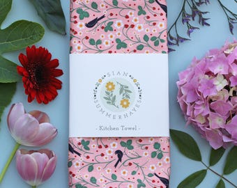 Wild Strawberry & Blackbirds Tea Towel | Pink Floral Premium Cotton Kitchen Towel