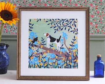 Beagle Dog Giclée Print – Woodland Scene Art, Beagle Lover Gift