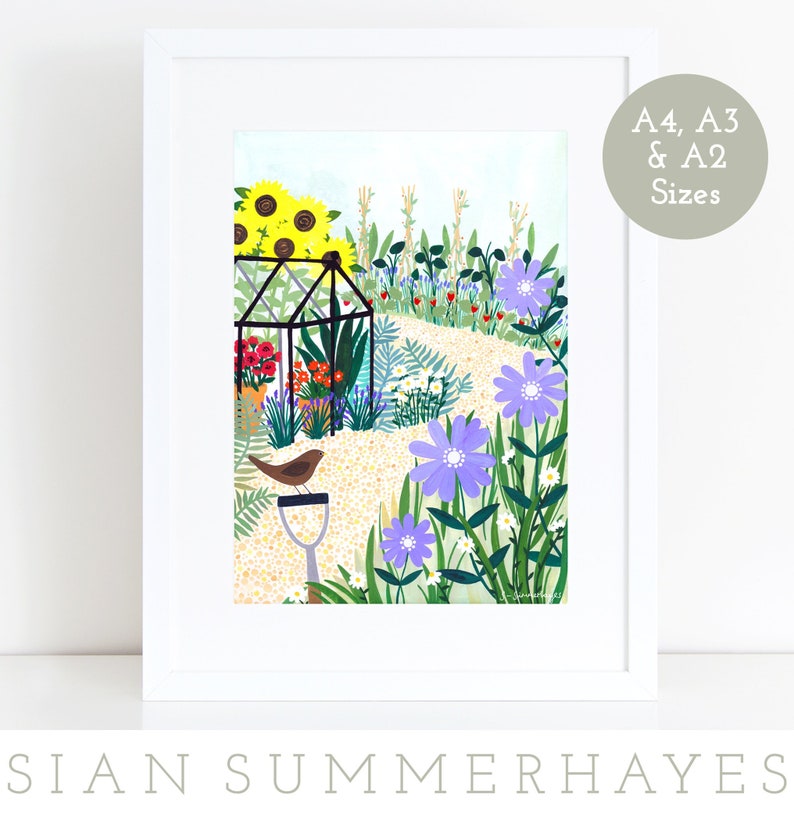 Giclée-konsttryck med trädgårdsskötsel — Illustration av botanisk trädgård och väggkonst med växthusmotiv A4