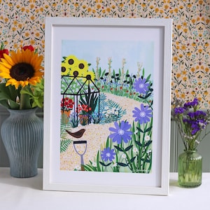 Giclée-konsttryck med trädgårdsskötsel — Illustration av botanisk trädgård och väggkonst med växthusmotiv A3