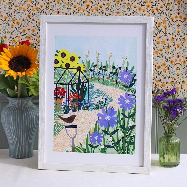 Giclée-konsttryck med trädgårdsskötsel — Illustration av botanisk trädgård och väggkonst med växthusmotiv A3