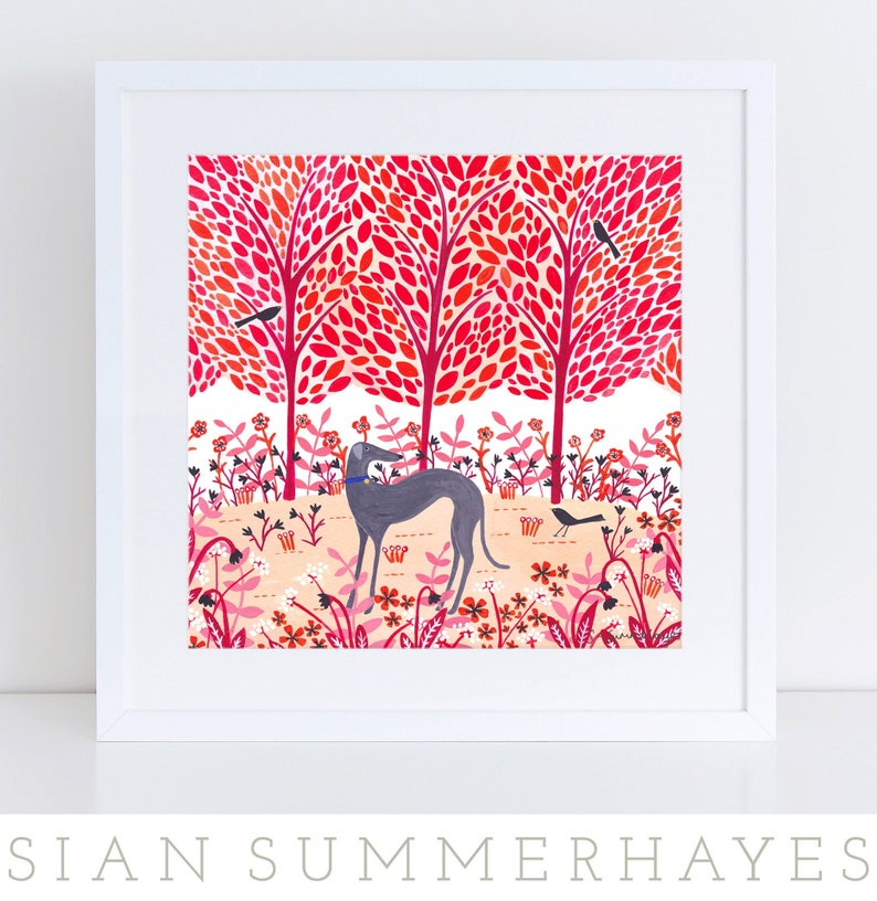 Autumn Greyhound Art Print, Giclee Print, Dog Illustration, Woodland Scene, Dog Print, Greyhound Art, Dog Gift, Whippet Art, Lurcher Gift 8x8 inches