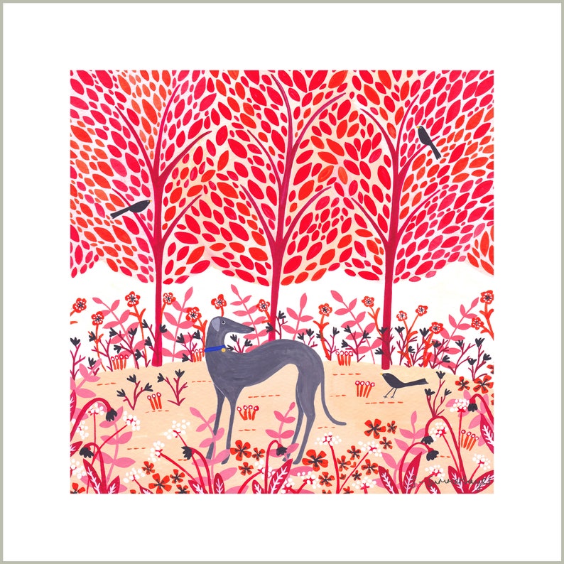 Autumn Greyhound Art Print, Giclee Print, Dog Illustration, Woodland Scene, Dog Print, Greyhound Art, Dog Gift, Whippet Art, Lurcher Gift image 2