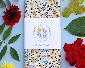 Buttercup & Bees Tea Towel | Yellow Floral Premium Cotton Kitchen Towel