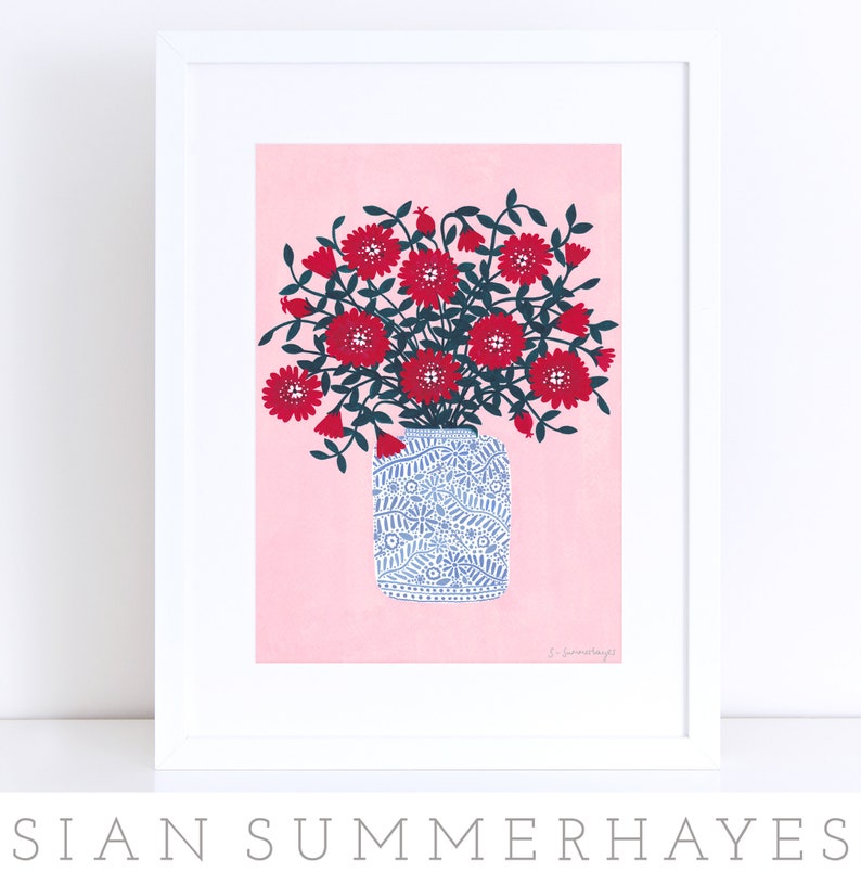 Red Flowers Art Print Floral Illustration Love Print Etsy