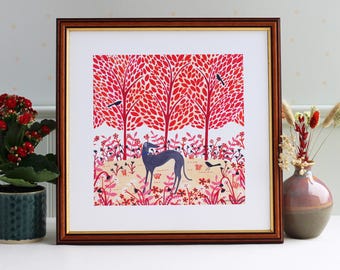 Autumn Greyhound Giclée Art Print — Woodland Dog Illustration & Gift for Greyhound Lovers