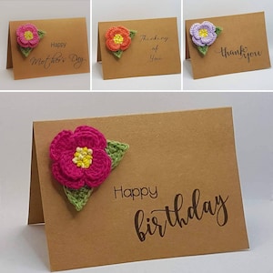 Handmade Card with Crochet Peony Rose Brooch