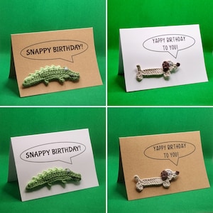 Handmade Birthday Card - Crochet Animal - Snappy Birthday - Yappy Birthday - Dog - Crocodile