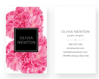 Pink Peony Business Card Design - Taupe Business Card - Premade Business Card - Printable Business - Calling Card Graphic Design Watercolor