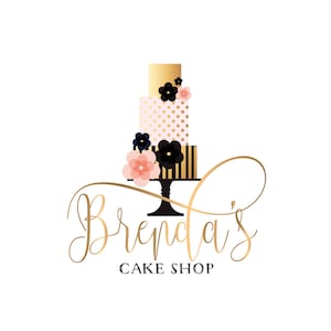Premade Logo - Gold Pink Black Layered Cake Logo with Watercolor Flowers - Floral Bakery Logo Cakery- Cupcake Logo Design - Cake Shop Logo