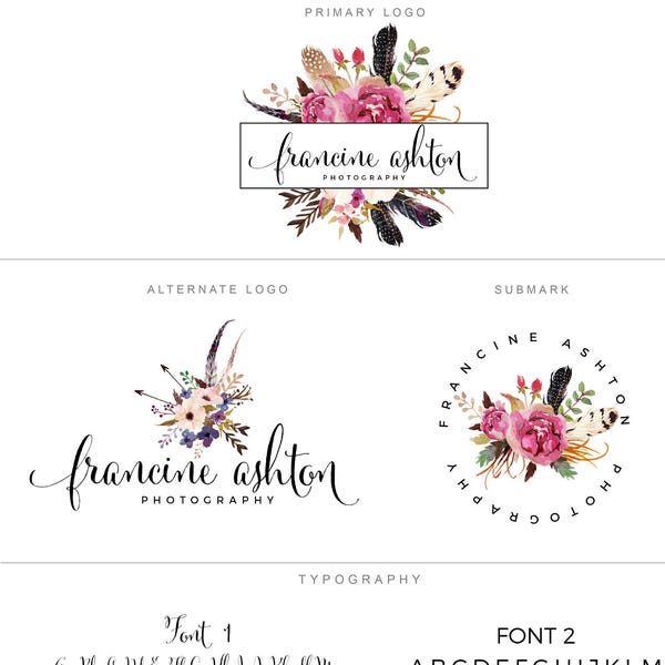 Vorgefertigte Brandstempel Kit - Aquarell Federn Pfeile Blumenrahmen Marketing Kit - Kalligraphie Logo - Initialen Logo Photograhy Logo Wasserzeichen