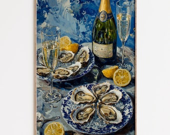 Oysters and Champagne Wall Art, Still Life Seafood and Wine Art Print,Kitchen Poster,Modern Henri Matisse Style, Wine & Seafood Illustration