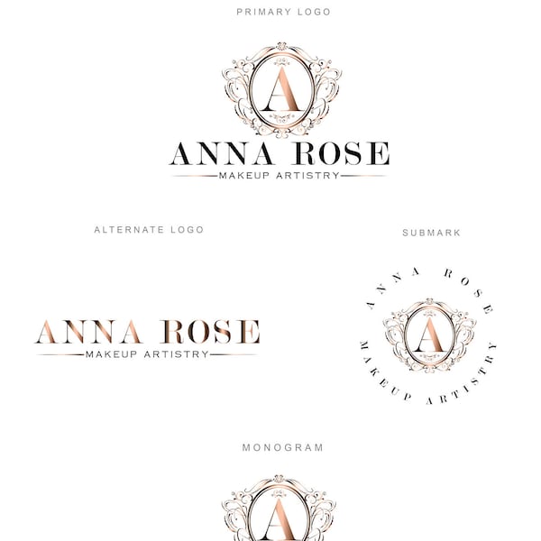 Branding Package - Rose Gold Decorative Luxury Logo Design - Monogram Ornamental Gold Logo - Photography - Boutique Logo Makeup Hair Logo