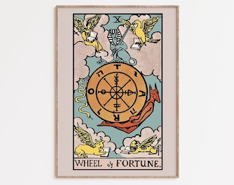 Wheel of Fortune Tarot Card Print,Tarot Printable Wall Art,Mystical Art,Astrology Poster,Tarot Card Art,Boho Art,Celestial Prints,The Moon