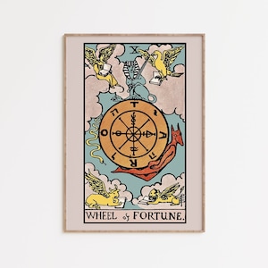 Rad van Fortuin Tarot kaart Print, Tarot Afdrukbare Kunst aan de Muur, Mystieke Kunst, Astrologie Poster, Tarot Kaart Kunst, Boho Kunst, Hemelse Prints, De Maan