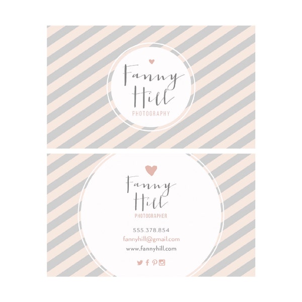 Pastel Stripes Business Card Design - Heart Business - Premade Business Card - Printable Business - Calling Card Graphic Design Watercolor