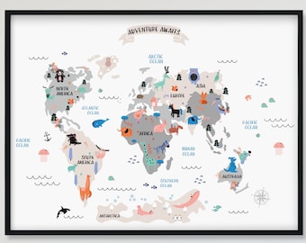 Animal World Map for Kids Room - Nursery World Map Baby Room - Baby Boy Nursery Art -Baby Boy Gift - Children Nursery Decor,Animals Wall Art