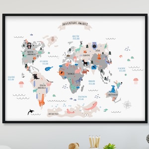 Animal World Mapa para Niños Habitación - Vivero Mapa Mundial Baby Room - Baby Boy Nursery Art -Baby Boy Gift - Children Nursery Decor,Animals Wall Art