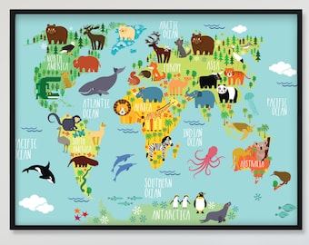 Animal World Map for Kids Room - Nursery World Map Baby Room - Baby Boy Nursery Art -Baby Boy Gift - Children Nursery Decor,Animals Wall Art