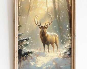 Majestic Stag in Winter Forest Wall Art, Snowy Scene Print, Wildlife Christmas Printable, Winter Scene Art, Stag in the Forest Oil Painting