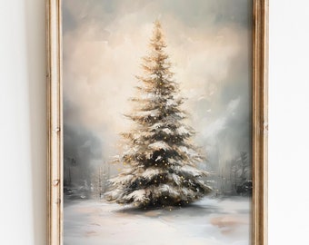 Christmas Nature Scene Wall Art, Evergreen Tree Print, Winter Forest Painting, Winter Woodland Decor, Printable Xmas Art, Christmas Poster