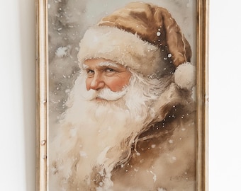 Vintage Santa Claus Portrait Wall Art Print, Neutral Beige Christmas Print,Classic Christmas Decor,Neutral Santa Illustration,Printable Xmas