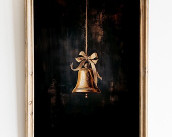 Gold Copper Bell Wall Art,Rustic Winter Oil Painting,Christmas Bell Printable, Festive Bow Wall Art,Vintage Christmas Decor Digital Download