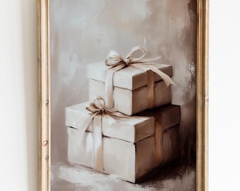 Neutral Christmas Wall Art,Gift Boxes Printable Wall Art, Christmas Presents Painting,Minimalist Christmas Art,Warm Neutrals Christmas Print