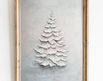 Textured Evergreen Art Print, White Christmas Tree Wall Art, Thick Paint Stroke Holiday Decor, Abstract Monochromatic Winter Printable Art