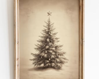Vintage Christmas Tree Art Print, Black Pencil Sketch on Aged Paper, Hand Drawn Holiday Decor, Rustic Christmas Wall Art,Antique Style Print