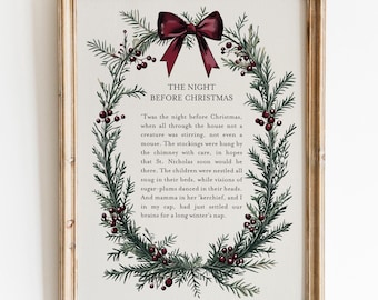 Twas The Night Before Christmas Printable Wall Art, Christmas Wreath with Red Bow, Christmas Sign,Book Page Print,Farmhouse Christmas Poster