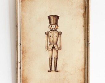 Vintage Nutcracker Art Print, Pencil Sketch Christmas Wall Art, Hand Drawn Christmas Poster,Antique Holiday Wall Art,Rustic Nutcracker Print