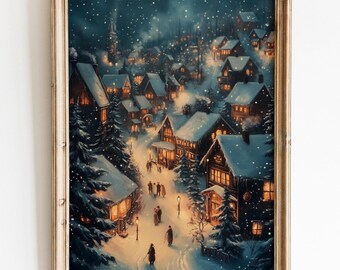 Christmas Village at Night Wall Art, Snowy Winter Scene Print,Christmas Houses,Oil Painting with Flickering Lights,Festive Christmas Eve Art