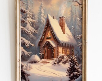 Gingerbread House Wall Art, Festive Oil Painting Digital Print, Christmas Holiday Decor, Winter Wonderland Artwork, Snowy Christmas Cottage