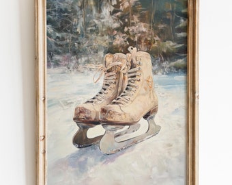 Ice Skates Printable Wall Art,Neutral Christmas Poster, Beige Christmas Print, Ice Skates Painting, Beige Ice Skates, Warm Neutral Christmas