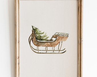 Watercolor Sleigh with Christmas Tree Printable Wall Art,Vintage Sleigh Poster,Christmas Print, Christmas Gallery Wall,Vertical Sleigh Print