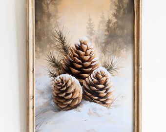 Winter Pinecones Wall Art, Snowy Pinecones Oil Painting Print, Rustic Christmas Decor, Winter Forest Digital Artwork, Seasonal Nature Poster