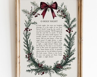 O Holy Night Printable Wall Art,Christmas Wreath with Bow,Christmas Song Lyrics Print,Christian Hymn Wall Art,Christmas Sign,Christmas Print
