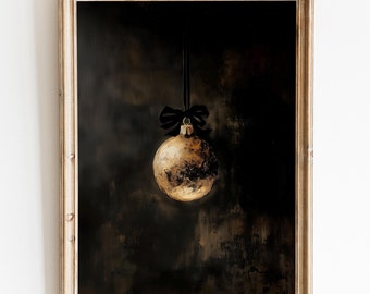 Gold Copper Bauble Wall Art, Rustic Holiday Ornament Oil Painting, Christmas Globe Digital Print, Vintage Holiday Art,Black Velvet Bow Decor